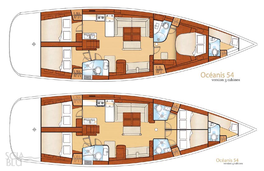 Oceanis 54: layout a 3 e 4 cabine